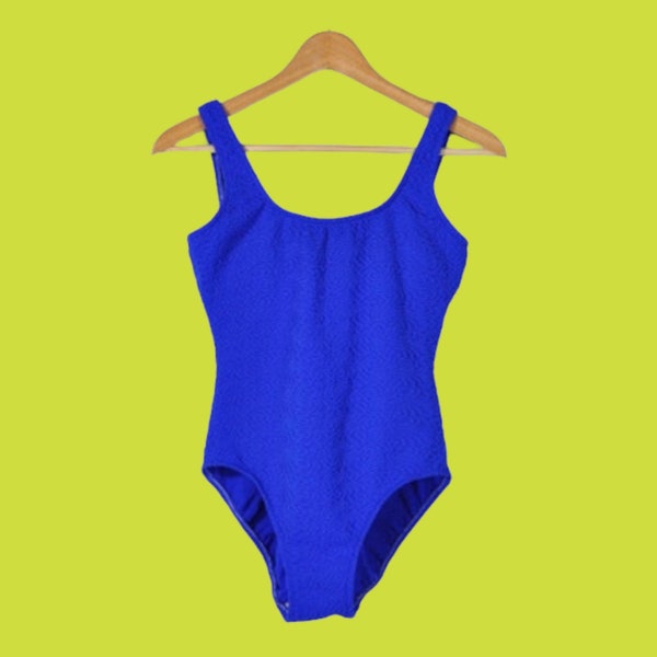 Vintage 90s Swimsuit, One Piece Bathing Suit, Cobalt Blue Textured High Cut Neon Leotard, Spring Summer Tank Top, Vtg 1990s Swimsuit