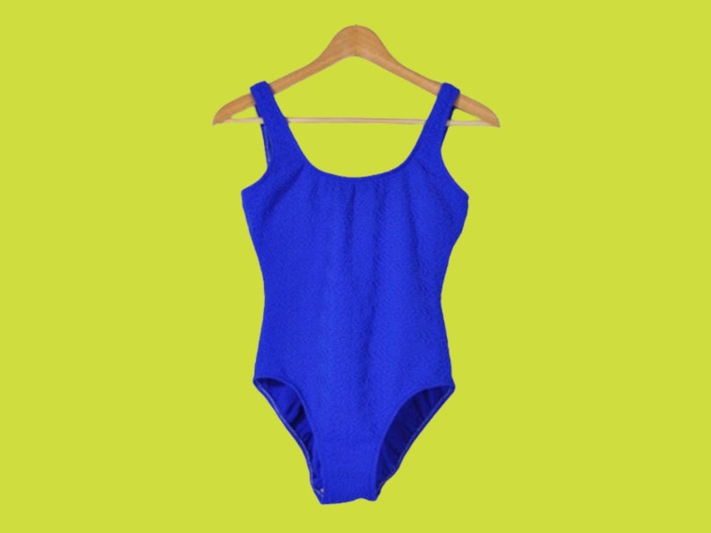 Vintage 90s Swimsuit, One Piece Bathing Suit, Cobalt Blue Textured High Cut Neon Leotard, Spring Summer Tank Top, Vtg 1990s Swimsuit image 1