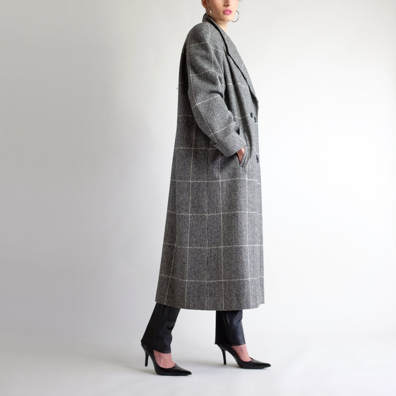Tartan Gray Overcoat Vintage 90s Minimal Glen Plaid Long Double Breasted Warm Striped Baggy Full Length Coat Oversized Maxi Coat