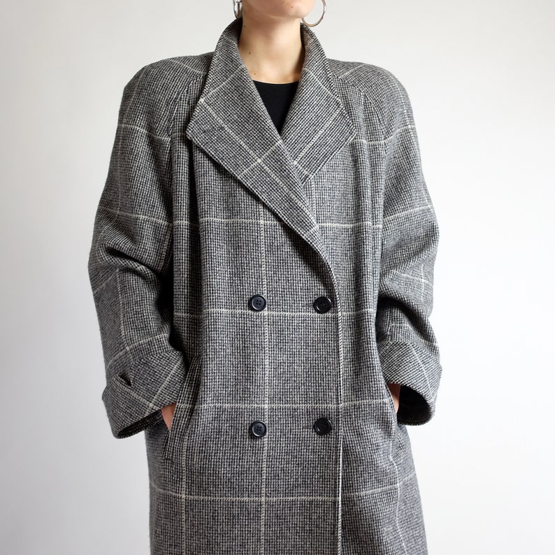 Tartan Gray Overcoat Vintage 90s Minimal Glen Plaid Long Double Breasted Warm Striped Baggy Full Length Coat Oversized Maxi Coat