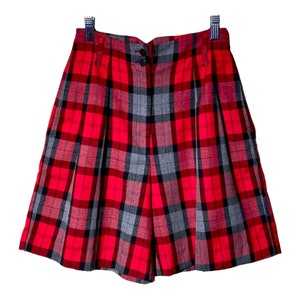 High Waisted Shorts, Vintage 90s Plaid Baggy Trouser Short, High Rise High Waist Long Tartan Shorts, Simple Casual Red Gray Shorts Size 3 /4 image 1