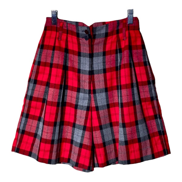 High Waisted Shorts, Vintage 90s Plaid Baggy Trouser Short, High Rise High Waist Long Tartan Shorts, Simple Casual Red Gray Shorts Size 3 /4