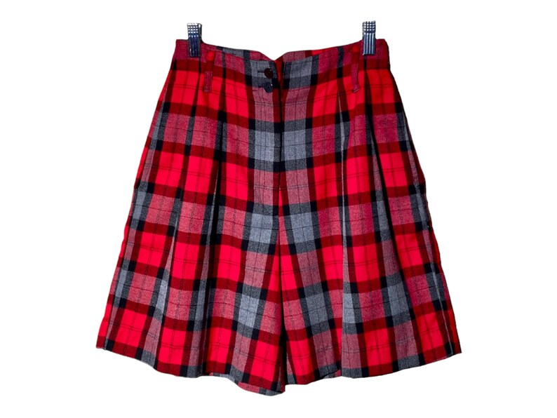 High Waisted Shorts, Vintage 90s Plaid Baggy Trouser Short, High Rise High Waist Long Tartan Shorts, Simple Casual Red Gray Shorts Size 3 /4 image 1
