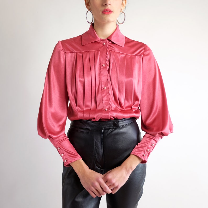 Romantic Dusty Rose Pink Top Bishop Sleeve Blouse Satin Long Sleeve Collared Shirt Vintage 70 80s Silky Puff Sleeve Poet Blouse