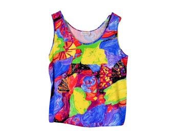 Abstract Print Tank Top Vintage 90s Colorful Rayon Wide Strap Boxy Loose Fit Sleeveless Blouse Picasso Matisse Painted Pattern Spring Summer