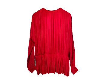 Red Silk Blouse, Pleated Vintage 80s 90s Long Dolman Sleeve Loose Fit Top, Harve Benard Designer Avant Garde Baggy Oversized Elegant Classic