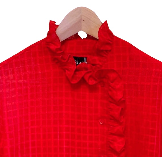 Puff Sleeve Blouse, Red Ruffle Collar Vintage 90s… - image 2