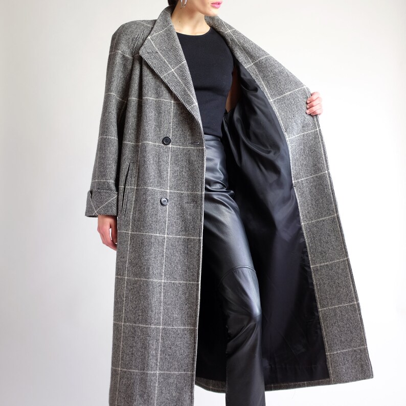 Tartan Gray Overcoat Vintage 90s Minimal Glen Plaid Long Double Breasted Warm Striped Baggy Full Length Coat Oversized Maxi Coat