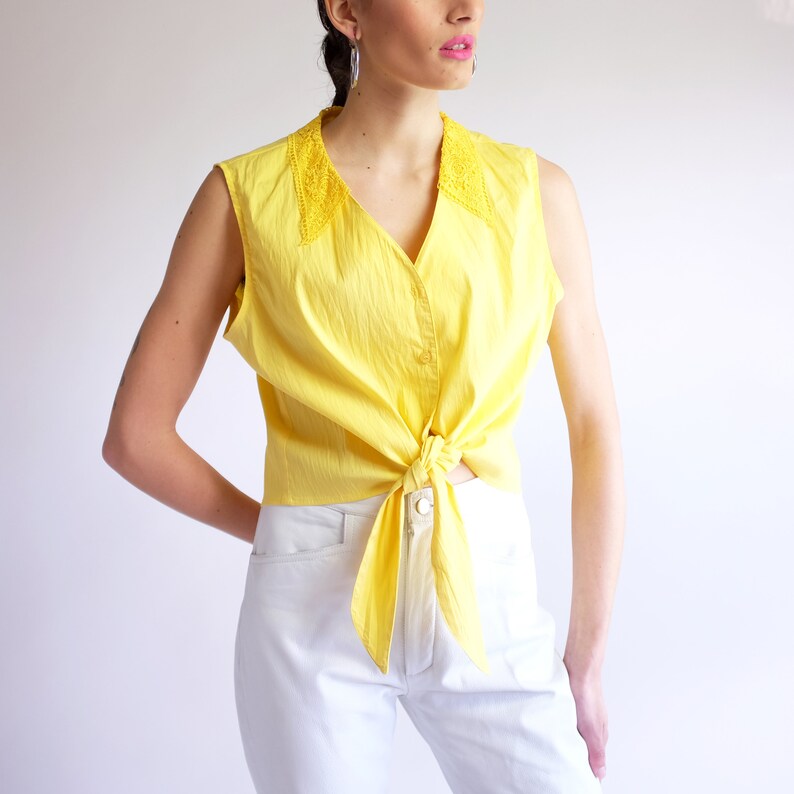 Vintage Sleeveless Tie-Front Top Cropped Tie-Front Blouse
