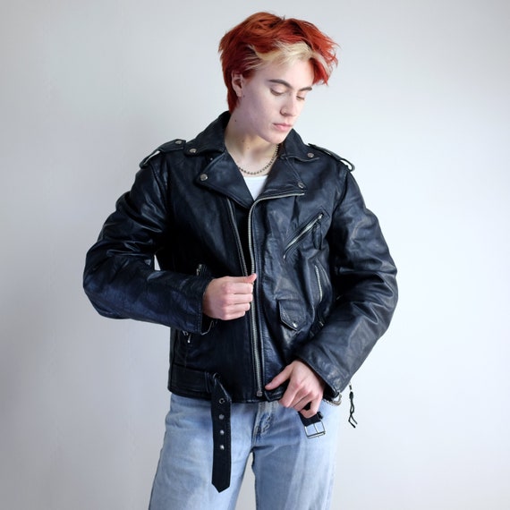 Black Leather Jacket, Vintage 70s 80s Oversized Mo