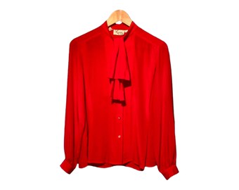 Puff Sleeve Blouse, SILK Red Vintage 80s KENAR Blouse, Cuffed Sleeve Jabot Bow Tie Collar Loose Fit Retro Top Designer Classic