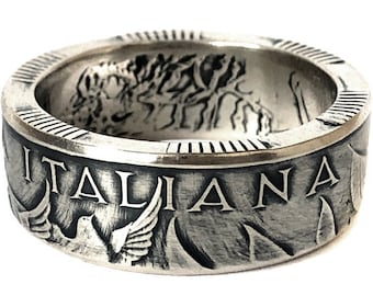 Italian Silver Coin Ring made of commemorative coin 10000 Lire, 2000 year, millennium, Italy