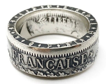 French Silver Coin Ring 10 Francs France, Size 9-15 Silver .900  "Liberte Egalite Fraternite" - Français Monnaies - Mens Ring