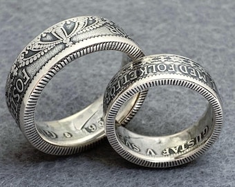 Pair Swedish Coin Rings - 2 Kronor + 1 Krona silver coins - Sweden - Wedding set - Konungariket Sverige - Suecia - Myntringar