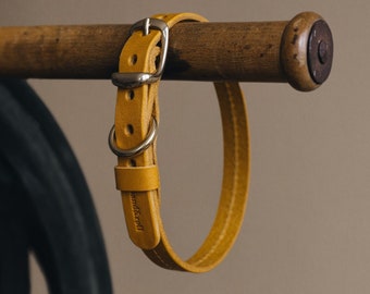 Yellow Collar for Tiny Canines: Vegetable Tanned Leather, Ultra-Light Hardware, Custom Brass Tag - FIR Air Sunbeam