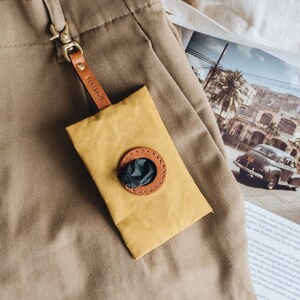 Poop Bag Holder: Luxe Yellow Waxed Canvas & Rich Brown Leather, Essential Elegance on Everyday Walks NOI Golden Earth image 4