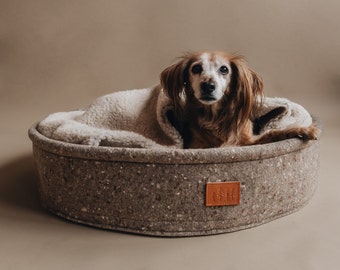 Artisan Dog Bed, Reversible Wool & Canvas Pillow, Perfect Resting Spot for Nesting Breeds, Unique Dog Owner Gift, Rich Earth Brown | HAIN