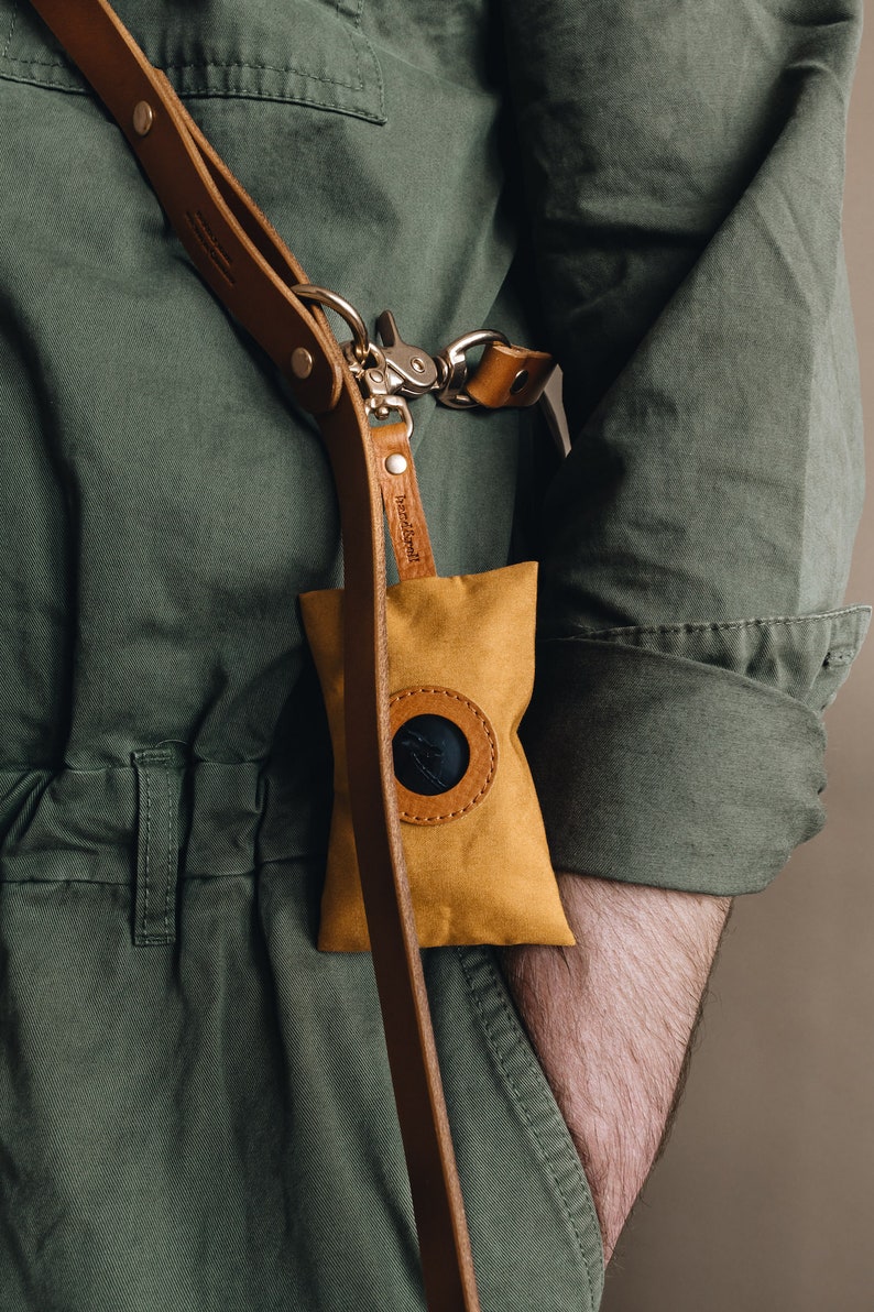 Poop Bag Holder: Luxe Yellow Waxed Canvas & Rich Brown Leather, Essential Elegance on Everyday Walks NOI Golden Earth Brown