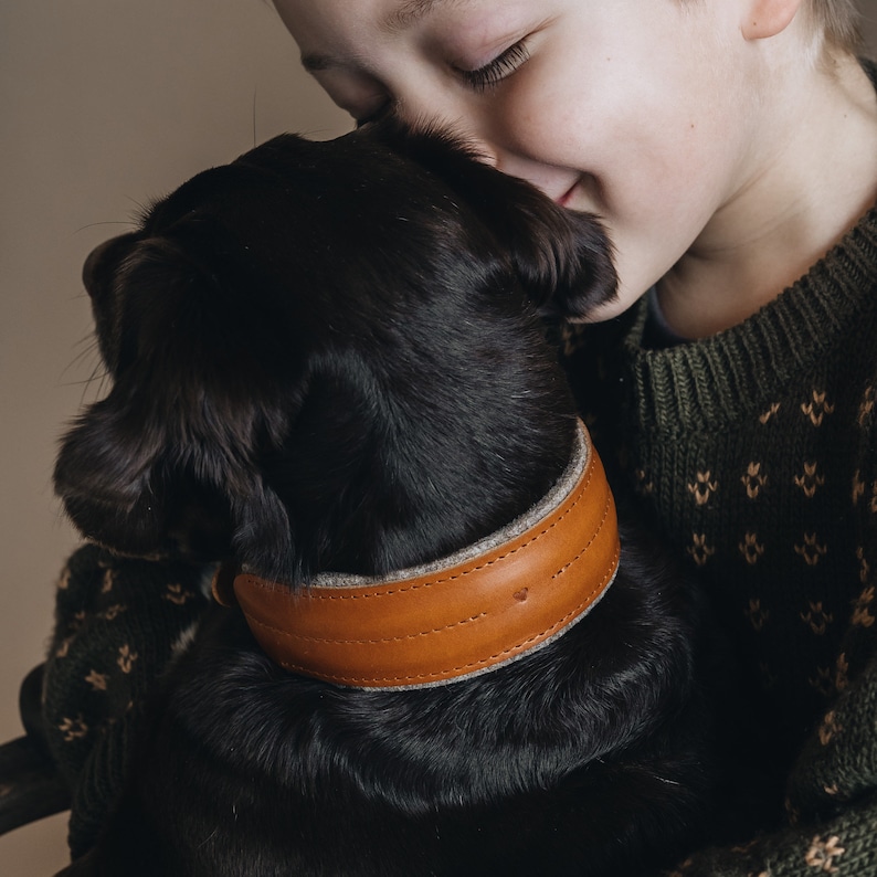K&ouml;nnte beinhalten: Eine junge Person mit braunen Haaren h&auml;lt einen schwarzen Hund mit einem braunen Lederhalsband. Der Hund schaut die Person an und die Person l&auml;chelt.