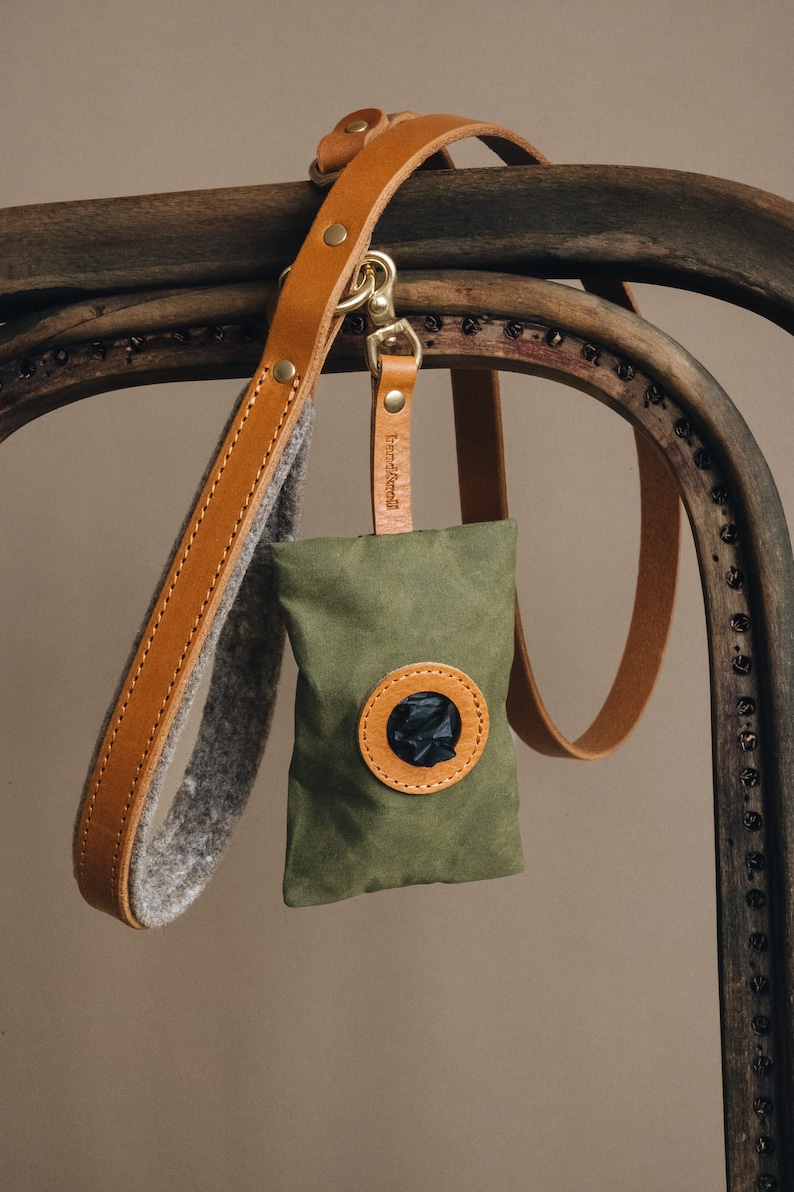 Poop Bag Holder: Luxe Yellow Waxed Canvas & Rich Brown Leather, Essential Elegance on Everyday Walks NOI Golden Earth image 10