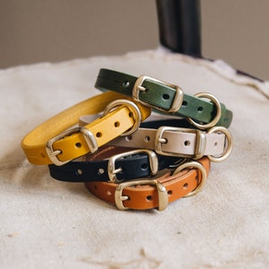 Yellow Collar for Tiny Canines: Vegetable Tanned Leather, Ultra-Light Hardware, Custom Brass Tag FIR Air Sunbeam image 9