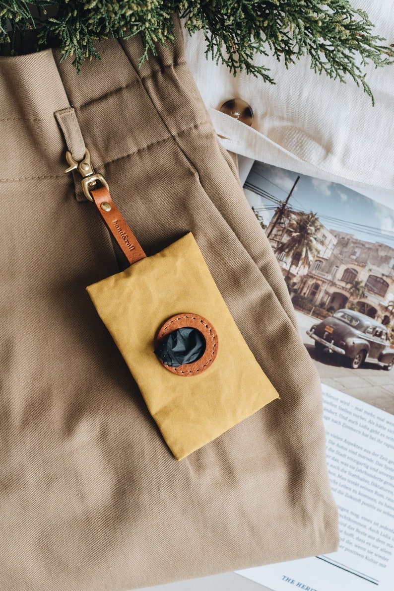 Poop Bag Holder: Luxe Yellow Waxed Canvas & Rich Brown Leather, Essential Elegance on Everyday Walks NOI Golden Earth image 4