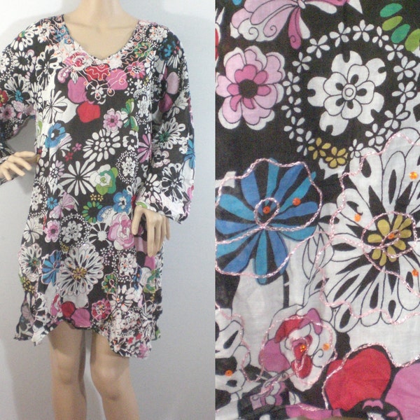 80s Sheer Floral Tunic Top • Size XL • Vintage 1980s Cotton Flower Print Sequin Tunic, Mini Dress, Multi Color tunic