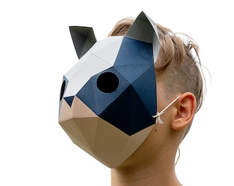 Cat mask - easy DIY kitten paper craft template, instant PDF download, printable animal mask, 3D low poly halloween gift idea