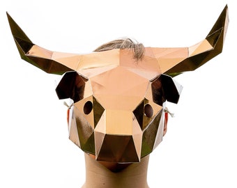 Bull mask - easy DIY minotaur paper craft template, instant PDF download, printable animal mask, 3D low poly ox Chinese new year gift idea