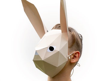 Rabbit mask - easy DIY bunny paper craft template, instant PDF download, printable animal mask, 3D low poly origami Easter rabbit gift idea