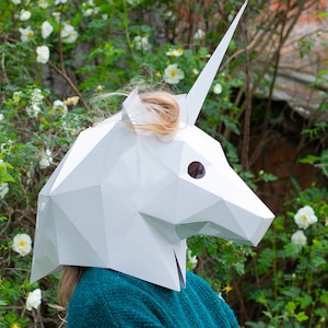 Einhorn Maske - einfache DIY Papier Bastelvorlage, sofortiger PDF download, druckbare Tiermaske, 3D Low Poly magische Geschenkidee