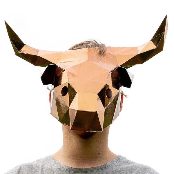 Bull mask - easy DIY minotaur paper craft template, instant PDF download, printable animal mask, 3D low poly ox Chinese new year gift idea