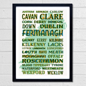 32 Counties of Ireland art print - Irish wall art - Typography art - Irish Counties - Eire - text art - Dublin - text art