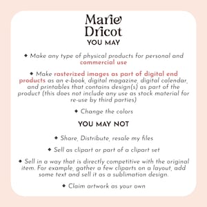 May include: A cream-colored graphic with the text "Marie Dricot" and usage guidelines. The text details what is permitted, such as creating physical products and changing colors, and what is prohibited, like reselling files.