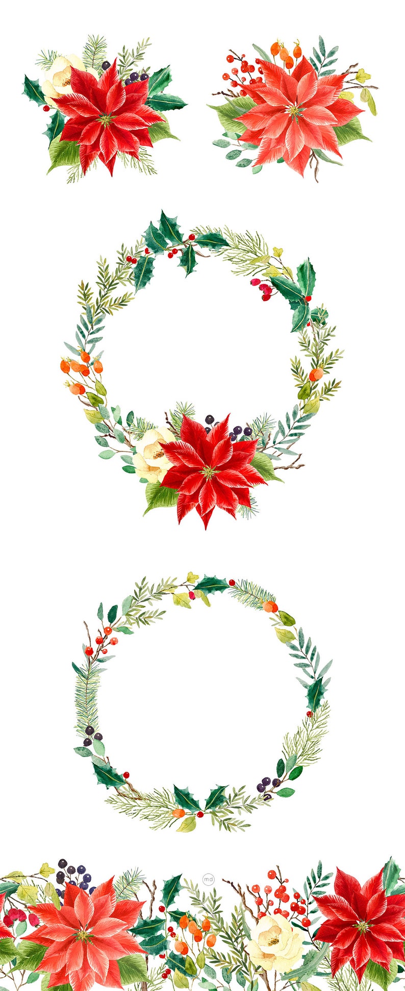 black berries Watercolor Christmas high quality colorful cliparts poinsettia gingham pattern pine holly leaves twigs floral wreath