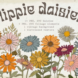 Retro margherita in formato SVG vintage fiore di campo in formato SVG Hippie in formato SVG Blu Margherita in formato SVG in difficoltà texture png vintage affettuoso Margherite in formato SVG anni '70 clipart botanica