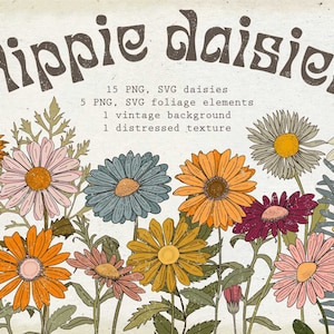 Retro daisy svg vintage wildflower svg Hippie svg Blue daisy svg distressed texture png vintage fond marguerites svg 70s botanical clipart