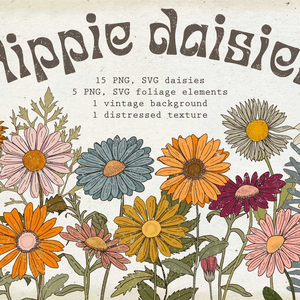 Retro daisy svg vintage wildflower svg Hippie svg Blue daisy svg distressed texture png vintage fond marguerites svg 70s botanical clipart