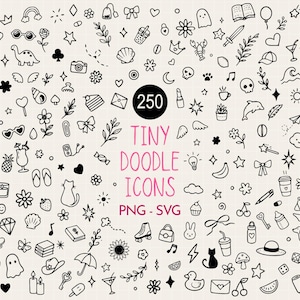 Op de afbeelding: Een verzameling van 250 zwart-witte lijntekening doodle-iconen met diverse vormen zoals dieren, planten, voedsel, hemellichamen en alledaagse voorwerpen. De centrale tekst luidt 250 TINY DOODLE ICONS PNG - SVG met een MD-logo in de hoek.