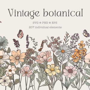 Vintage Flores silvestres svg paquete margarita svg flor silvestre png Floral clipart flores de prado Art nouveau William Morris Mariposa Botánica