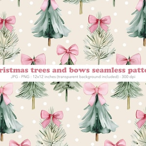 May include: Seamless pattern featuring watercolor Christmas trees and pink bows on a beige background with white polka dots. The text "Christmas trees and bows seamless pattern" is displayed at the bottom. The pattern is 12x12 inches.