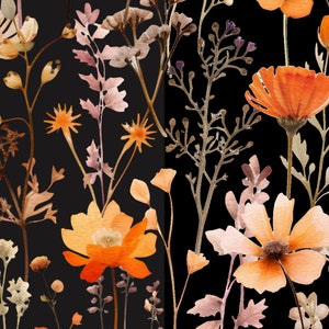 May include: A watercolour floral pattern with orange, yellow, and beige flowers and green and brown stems on a black background. The design features wildflowers and foliage, creating a natural, botanical theme.
