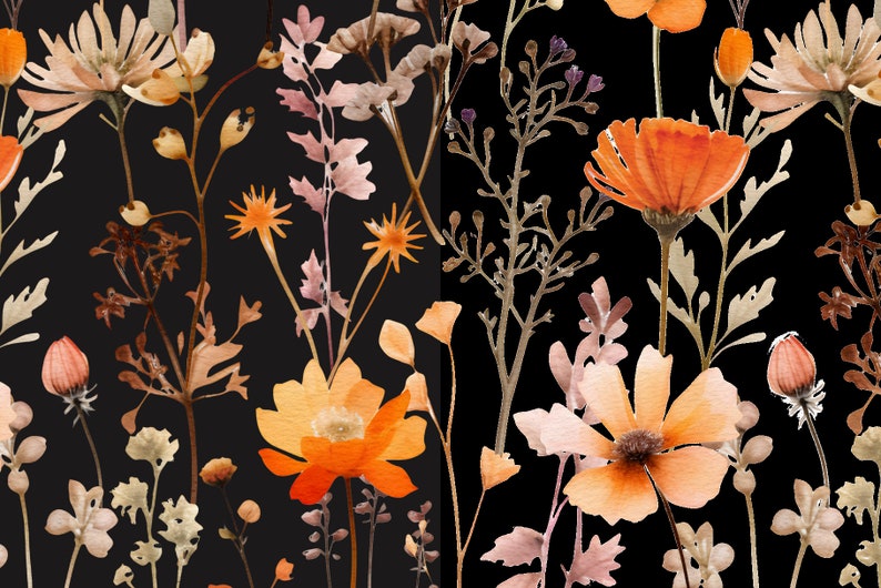 May include: A watercolour floral pattern with orange, yellow, and beige flowers and green and brown stems on a black background. The design features wildflowers and foliage, creating a natural, botanical theme.
