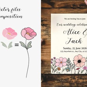 May include: A wedding invitation with floral illustrations and the names "Alice & Jack." The invitation includes the date, time, and location. The design features a floral border with pink, purple, and blue flowers.
