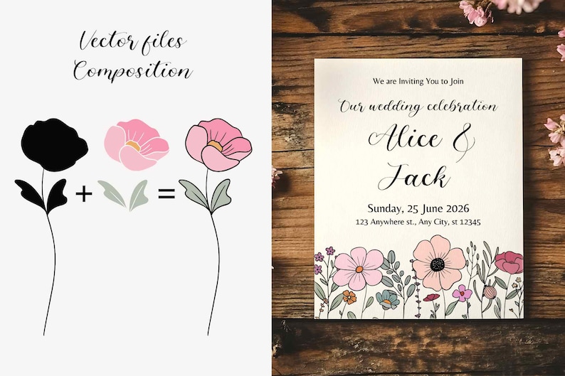 May include: A wedding invitation with floral illustrations and the names "Alice & Jack." The invitation includes the date, time, and location. The design features a floral border with pink, purple, and blue flowers.