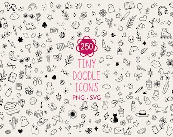 May include: A collection of 250 tiny black and white doodle icons featuring various shapes like flowers, animals, food, and symbols. The central text reads 250 TINY DOODLE ICONS PNG - SVG, with a small MD logo in the bottom right corner of the image.