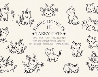 Tabby Cat minimalist doodle: Floral  handdrawn kawaii Kitten (png, svg clipart) Floral