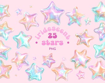 May include: An assortment of 25 iridescent star shapes in different sizes, with a pastel colour scheme of pink, blue, and yellow. The text "Iridescent 25 stars PNG" is displayed in a pink, retro font on a light pink background.