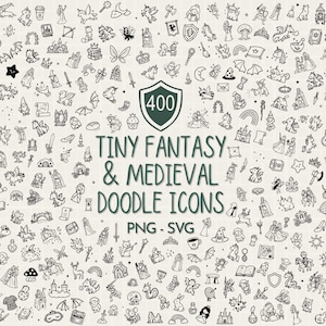 Op de afbeelding: Een verzameling van 400 zwart-witte doodle-iconen met fantasy- en middeleeuwse thema's, waaronder draken, kastelen, eenhoorns en ridders. De centrale tekst luidt 400 TINY FANTASY & MEDIEVAL DOODLE ICONS PNG - SVG.