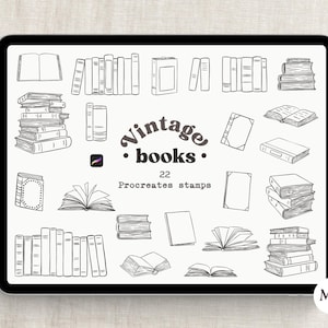 May include: A digital illustration of 22 vintage book stamps for Procreate. The stamps feature various styles of books, including open books, stacks of books, and single books. The stamps are black and white and have a vintage aesthetic.